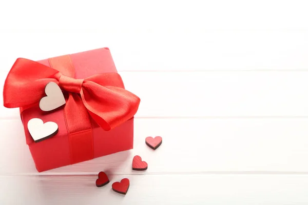Gift Box Ribbon Hearts White Wooden Table — Stock Photo, Image