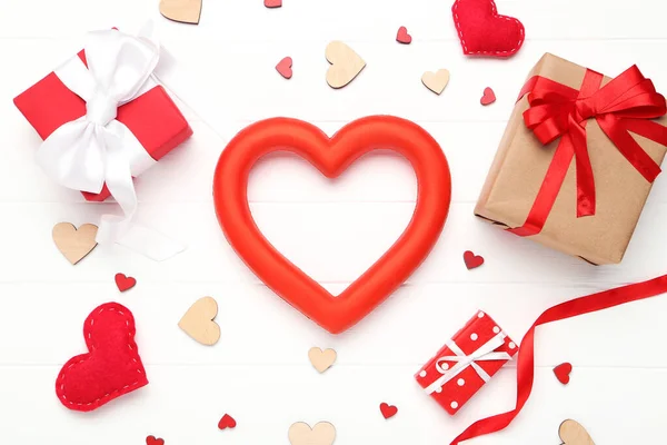 Gift Boxes Ribbons Hearts White Wooden Table — 스톡 사진
