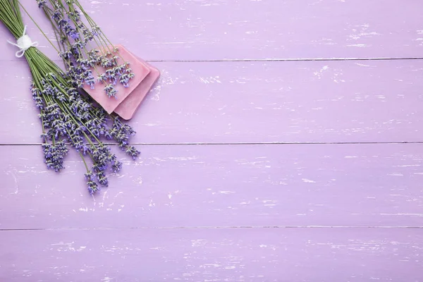 Lavender Flowers Soap Purple Wooden Table — Stock Photo, Image
