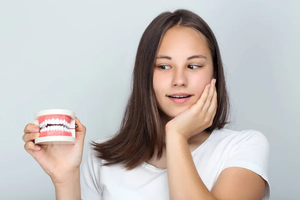 Mladá dívka s chrup rovnátka drží zuby model na šedé backgr — Stock fotografie