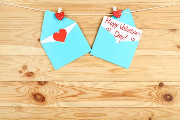 Paper Envelopes Text Happy Valentines Day Hanging Brown Wooden Background — 스톡 사진
