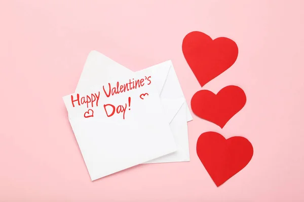 Paper Envelopes Red Hearts Text Happy Valentines Day Pink Background — Stock Photo, Image