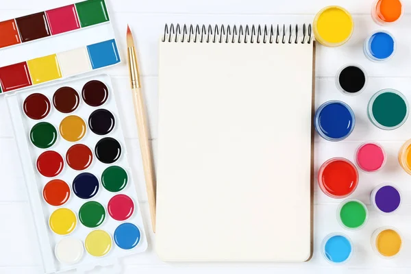 Colorful Gouache Paints Brush Blank Sheet Paper White Wooden Table — Stock Photo, Image