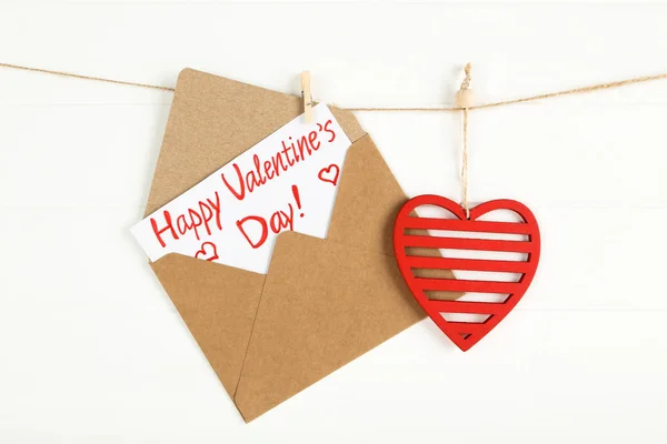 Paper Envelope Red Heart Text Happy Valentines Day Hanging White — 스톡 사진