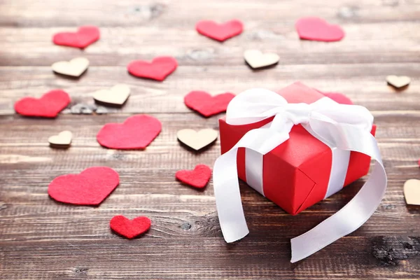 Gift Box Ribbon Hearts Brown Wooden Table — 스톡 사진