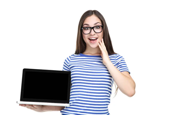 Młoda Dziewczyna Okularach Laptopem Białym Tle — Zdjęcie stockowe