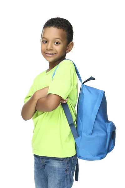 Młody Afroamerykanin Uczeń Plecakiem Białym Tle — Zdjęcie stockowe