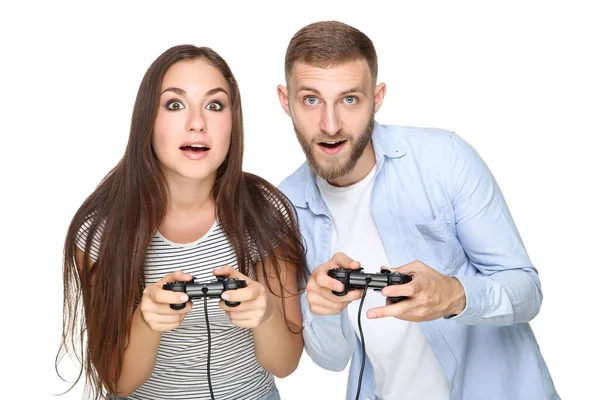 Gelukkig Jong Stel Spelen Computer Spel Met Joysticks Witte Achtergrond — Stockfoto