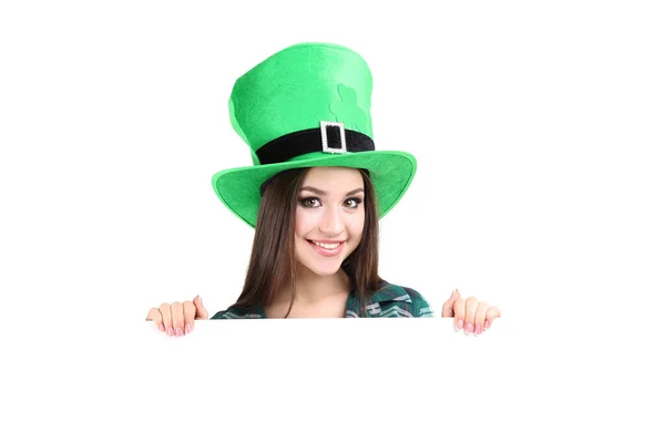 Patrick Day Beautiful Woman Wearing Green Hat Holding Blank Board — Stock Photo, Image