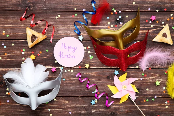 Purim Composizione Vacanza Biscotti Con Forniture Partito Testo Happy Purim — Foto Stock