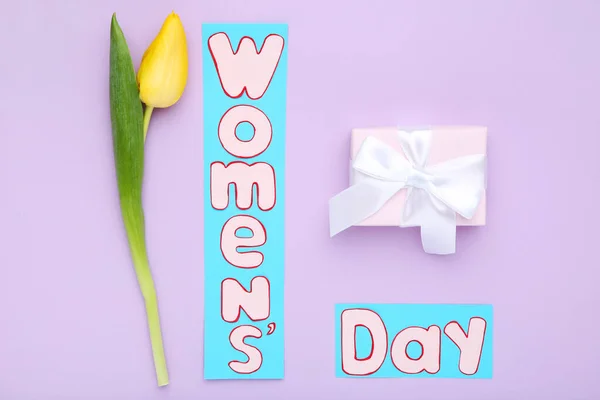 Text Womens Day Mit Gelben Tulpe Blume Und Geschenk Box — Stockfoto