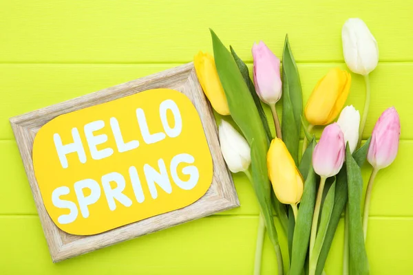 Tulip Flowers Text Hello Spring Green Wooden Table — Stock Photo, Image