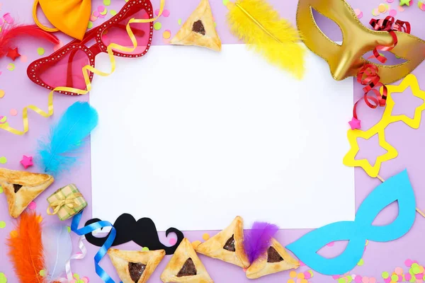 Purim Composición Vacaciones Galletas Con Suministros Fiesta Hoja Papel Blanco —  Fotos de Stock