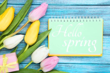 Mesajlı lale çiçekleri Merhaba ilkbahar ve mavi ahşap masada hediye kutusu