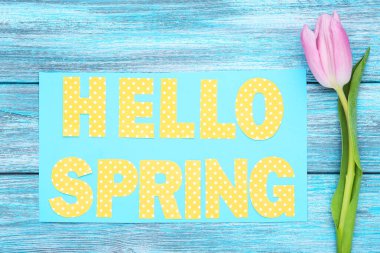 Üzerinde yazı olan pembe lale çiçeği Merhaba mavi ahşap masadaki bahar