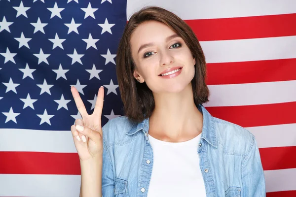 Beautiful Young Woman Standing Showing Two Fingers American Flag Background — Stock Photo, Image