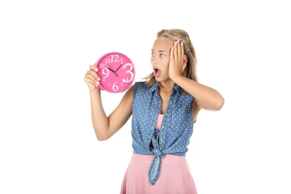 Chica Joven Sosteniendo Reloj Redondo Sobre Fondo Blanco —  Fotos de Stock