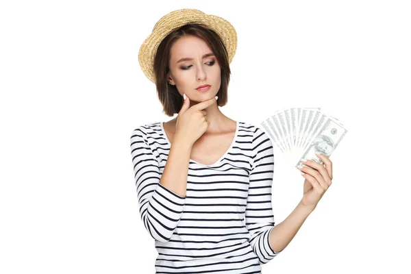 Mujer Joven Sosteniendo Billetes Dólar Aislados Sobre Fondo Blanco — Foto de Stock