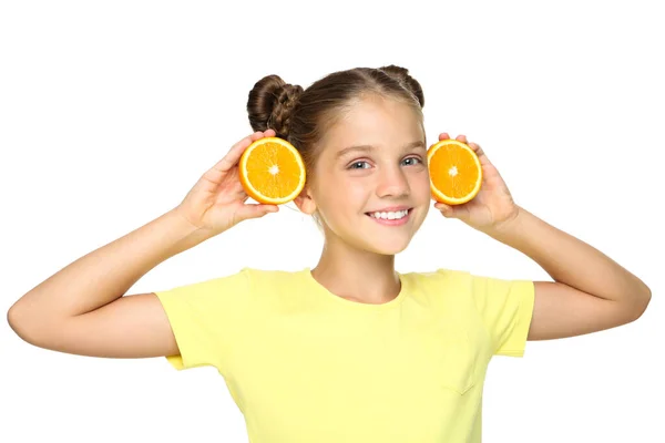 Молода Дівчина Апельсиновими Фруктами Ізольована Білому Тлі — стокове фото