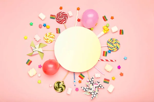 Colorful Flat Lay Composition Various Party Items Candies Pink Background — Stock Photo, Image