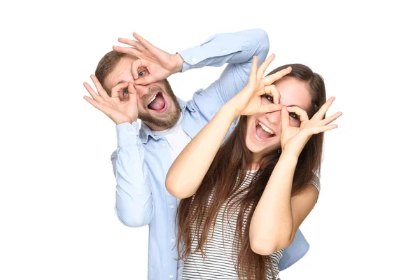 Lyckliga Unga Paret Vit Bakgrund — Stockfoto