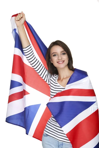 Krásná Mladá Žena Zabalená Britské Vlajky Bílém Pozadí — Stock fotografie