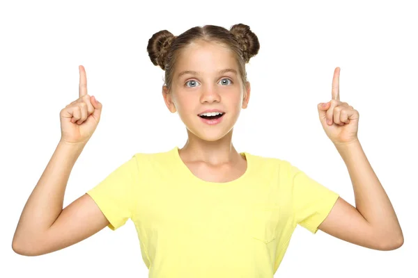 Young Beautiful Girl Pointing Fingers White Background — Stock Photo, Image