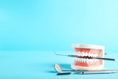Mavi arkaplanda diş aletleri olan bir model