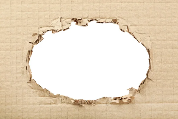 Пробитое Отверстие Картонной Коробке Белом Фоне — стоковое фото