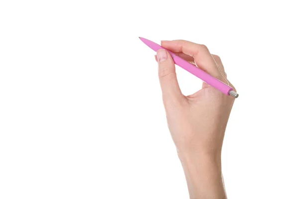Vrouwelijke Hand Met Pen Witte Achtergrond — Stockfoto