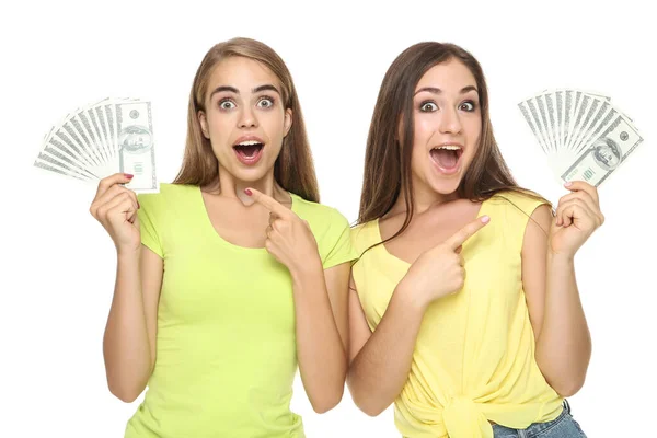 Joven Feliz Novias Sosteniendo Billetes Dólar Sobre Fondo Blanco — Foto de Stock