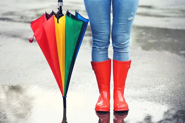 Woman Wearing Red Rubber Boots Umbrella Rain — Stock Photo, Image