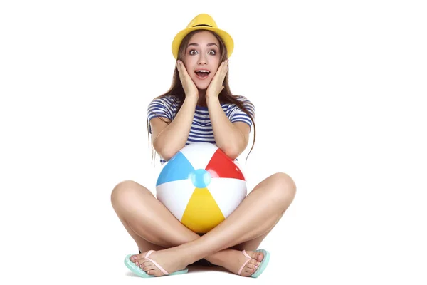 Young Girl Inflatable Ball Isolated White Background — 스톡 사진