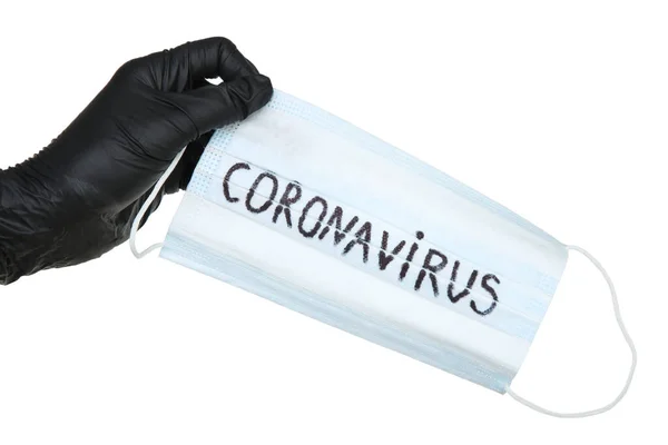 Máscara Mão Feminina Com Texto Coronavirus Fundo Branco — Fotografia de Stock