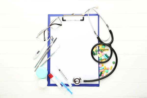 Doctor Day Concept Colorful Pills Medicine Instruments Clipboard White Wooden — Stock Photo, Image