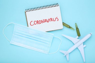 Coronavirus 'a mavi arka planda tıbbi ampuller, maske ve uçak modeli ile metin