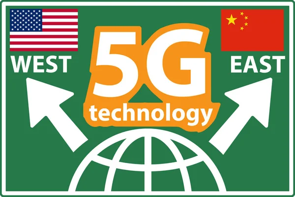 Batı ve doğu konseptinde 5g hücresel ağ teknolojisi yarışı. 5g cep telefonu şebekesi. Amerika ve Çin, küresel teknoloji standartlarının kontrolü için savaşıyor. 5g küresel ağ yüksek hız yenilik vektörü çizimi