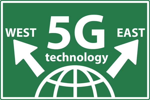 Batı ve doğu konseptinde 5g hücresel ağ teknolojisi yarışı. 5g cep telefonu şebekesi. Amerika ve Çin, küresel teknoloji standartlarının kontrolü için savaşıyor. 5g küresel ağ yüksek hız yenilik vektörü çizimi