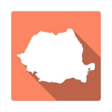 Vektör Romanya Harita Düğmesi. Uzun Gölge Stili Romanya Harita Kare Simge Beyaz Arka Plan Yalıtılmış.