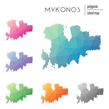 Poligonal Mykonos haritalar vektör kümesi düşük Poli sanat parlak bir gradyan ile dolu.