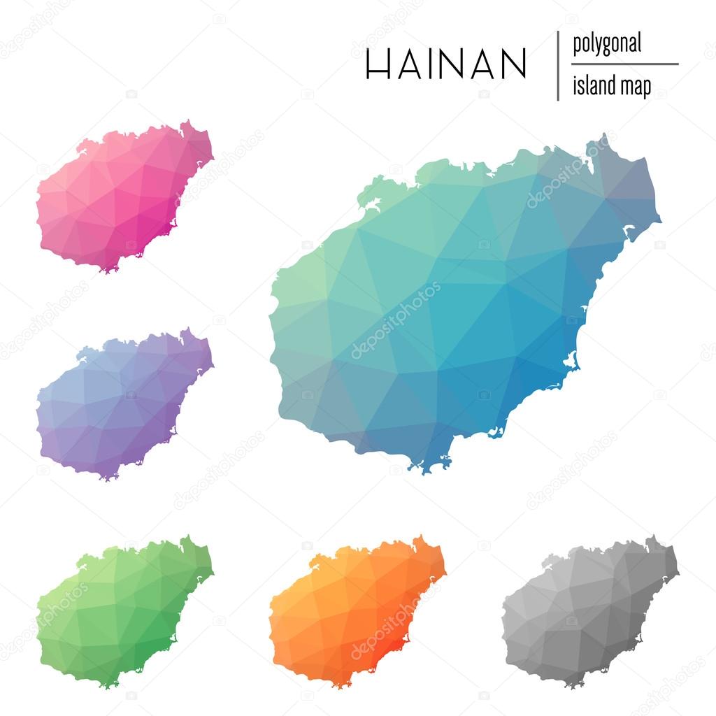 Set of vector polygonal Hainan maps filled with bright gradient of low poly art.