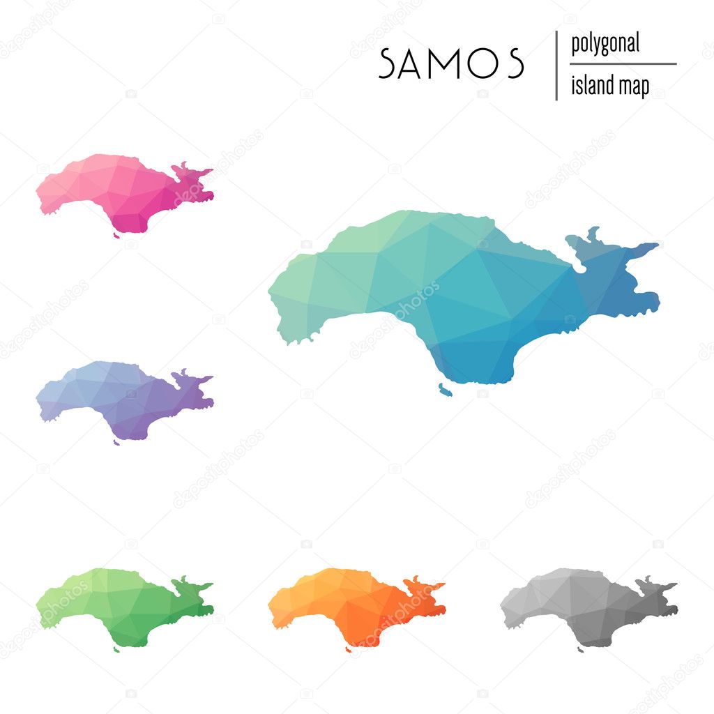 Set of vector polygonal Samos maps filled with bright gradient of low poly art.