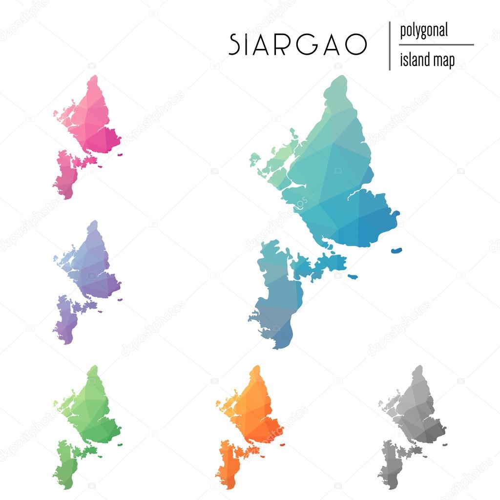 Set of vector polygonal Siargao maps filled with bright gradient of low poly art.