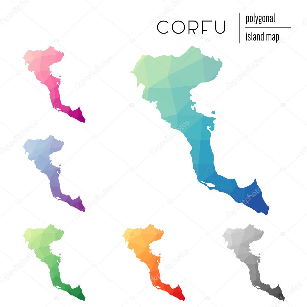 Set of vector polygonal Corfu maps filled with bright gradient of low poly art.