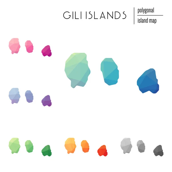 Conjunto de mapas poligonales vectoriales de las Islas Gili llenos de gradiente brillante de bajo arte poli . — Vector de stock