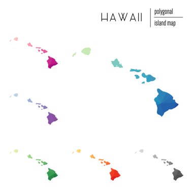 Poligonal Hawaii haritalar vektör kümesi düşük Poli sanat parlak bir gradyan ile dolu.
