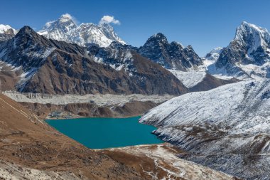 Everest Dağı ve Gokyo göl panoramik manzaralı.
