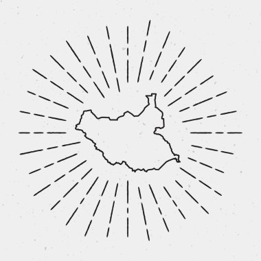 Retro Sunburst yenilikçi tasarım. Vintage Sunburst ışınları tarafından çevrili Güney Sudan Haritası.