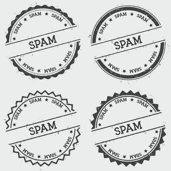 Sello de insignia de spam aislado sobre fondo blanco Sello hipster redondo Grunge con textura de tinta de texto — Vector de stock