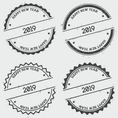 Mutlu yeni yıl 2019 Insignia damga izole beyaz arka plan üzerinde Grunge yuvarlak hipster mühür ile
